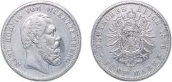 World Coins - Germany Kingdom of Württemberg German states 1876 F 5 Mark - Charles I Silver (.900) (896725) 27.778g VF KM 623 J 173 Dav GT III 963