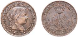 World Coins - Spain Kingdom 1868 OM 2½ Centimos de Escudo - Isabel II Bronze Barcelona Mint 6.39g AU KM 634 Cal 638
