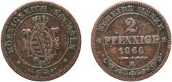 World Coins - Germany Kingdom of Saxony German states 1866 2 Pfennige - John Copper Dresden Mint (551000) 2.87g VF  AKS 153 Jaeg 10 SW 122 KM 1217 Kahnt/Schön 167