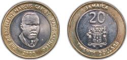 World Coins - Jamaica Commonwealth 2000 20 Dollars (Non-magnetic) Bimetallic: copper-nickel centre in nickel brass ring Royal Mint 7.8g UNC KM 182