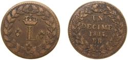 World Coins - France Kingdom 1815 BB 1 Décime - Louis XVIII (au L couronné, légère) Bronze Strasbourg Mint 18.5g VF F 132A KM 701