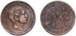 World Coins - Spain Kingdom 1878 OM 10 Centimos - Alfonso XII Bronze (95% copper, 4% tin, 1% zinc) (68740000) 9.91g VF  KM 675 Cal 66