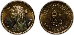 World Coins - Egypt Arab Republic of Egypt AH1428 50 Qirsh / Piastres (small type; magnetic) Brass plated steel Egyptian Mint Authority 6.54g BU KM 942.2 Schön 678.1 Schön 678.2 MHC 355