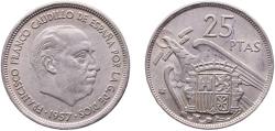 World Coins - Spain Nationalist Government 1957 *69 25 Pesetas - Francisco Franco Copper-nickel (75% copper, 25% nickel) Royal Mint of Spain (24000000) 8.67g AU  KM 787 Cal 30 Schön 35
