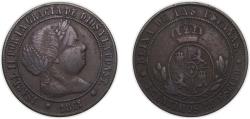 World Coins - Spain Kingdom 1867 OM 5 Centimos de Escudo - Isabel II Bronze Barcelona Mint 13.15g VF KM 635.1