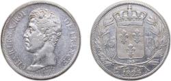 World Coins - France Kingdom 1825 A 5 Francs - Charles X (1st type), Variety missing line in "A" Very Rare Silver (.900) Paris Mint (2490303) 25g XF F310 Gad643 KM720.1