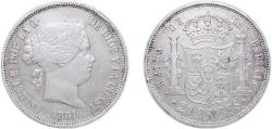 World Coins - Spain Kingdom 1861 20 Reales - Isabel II Silver (.900) Madrid Mint (1352000) 25.78g XF KM 609