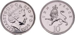 World Coins - Great Britain United Kingdom Kingdom of England 2003 10 Pence - Elizabeth II (4th portrait; Crowned Lion) Copper-nickel (75% Cu, 25% Ni) Royal Mint (62741) 6.6g UNC  KM 989 Sp F5