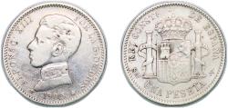 World Coins - Spain Kingdom 1905 *19-0? SMV 1 Peseta - Alfonso XIII (4th portrait) Silver (.835) Madrid Mint (492000) 4.85g VF  KM 721