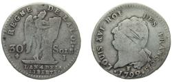 World Coins - France Kingdom 1792 A 30 Sols - Louis XVI (FRANÇOIS) Silver Paris Mint 9.85g VF Dy royales 1720 Gad 39 KM 606 Ciani 2241