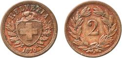 World Coins - Switzerland Federal State 1870 B 2 Rappen (Wreath; bronze; light type) Bronze (95% copper, 4% tin, 1% zinc) Bern Mint (540000) 2.49g XF  HMZ 2 1213 Divo/Tob19 323 KM 4 Schön 16 Y