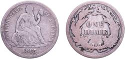 Us Coins - United States Federal republic 1865 S 1 Dime "Seated Liberty Dime" (w/o stars, date arrows removed) Silver (.900) (.100 copper) San Francisco Mint (175000) 2.34g VF PCGS 4642 Grey