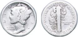 Us Coins - United States Federal republic 1918 D 1 Dime "Mercury Dime" Silver (.900) United States Mint of Denver, (22674800) 2.38g VF KM 140 Schön 133