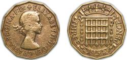 World Coins - Great Britain United Kingdom 1954 3 Pence - Elizabeth II (1st portrait; without 'BRITT:OMN') Nickel brass (79% Cu, 20% Zn, 1% Ni) (41720000) 6.79g XF KM 900 Sp 4153