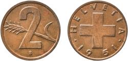 World Coins - Switzerland Federal State 1951 B 2 Rappen (Wheat spike) Bronze (95% copper, 4% tin, 1% zinc) Bern Mint (9620000) 3.01g AU  HMZ 2 1214 Divo/Tob19 325 KM 47 Schön 42 Y 55