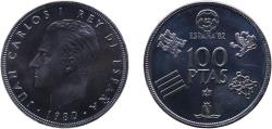 World Coins - Spain Kingdom 1980 100 Pesetas - Juan Carlos I (España '82) Copper-nickel (75% copper, 25% nickel) Madrid Mint (20000000) 16.89g UNC  KM 820