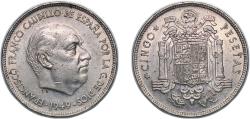 World Coins - Spain Nationalist Government 1949 *19-50 5 Pesetas - Francisco Franco (Nickel) Nickel Madrid Mint (21000000) 15.07g XF KM 778 Cal 45 Schön 30