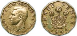 World Coins - Great Britain United Kingdom 1944 3 Pence - George VI (with 'IND:IMP') Nickel brass (79% Cu, 20% Zn, 1% Ni) Royal Mint (Tower Hill) (69760000) 6.8g XF KM 849 Sp 4112