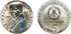 World Coins - Germany German Democratic Republic 1986 A 5 Mark (Heinrich von Kleist) Nickel brass Berlin Mint (46700) 12.2g UNC KM 112