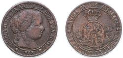 World Coins - Spain Kingdom 1868 OM 1 Centimo de Escudo - Isabel II Bronze Sevilla 2.54g XF KM 633 Cal 651