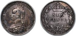World Coins - Great Britain 1892 6 Pence - Victoria (2nd portrait; 2nd reverse) Silver (.925) Royal Mint (Tower Hill) (6245700) 2.7g VF KM 760 Sp 3929