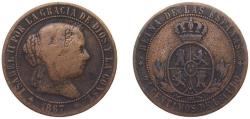 World Coins - Spain Kingdom 1867 OM 2½ Centimos de Escudo - Isabel II Bronze Jubia Mint 6.25g VF KM 634.2
