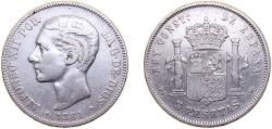 World Coins - Spain Kingdom 1881 MSM 5 Pesetas - Alfonso XII (2nd portrait) Silver (.900) Madrid Mint (699000) 25g VF KM 676 Cal 28