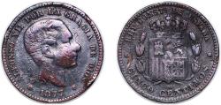 World Coins - Spain Kingdom 1877 OM 5 Centimos - Alfonso XII Bronze (95% copper, 4% tin, 1% zinc) Barcelona Mint (34376000) 4.89g VF KM 674 Cal 70