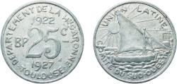 World Coins - France Toulouse, Commune of Third Republic 1922 25 Centimes - Département de la Haute Garonne Aluminium Arsenal de Toulouse Mint (1000000) 1.48g AU  Élie mon 15.3