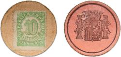 World Coins - Spain Spanish notgeld Nationalist Government 1938 10 Centimos (Numeral; light green) Cardboard 0.51g XF  Miró 41 P 96A