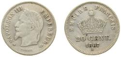World Coins - France Second Empire 1867 A 20 Centimes - Napoleon III Silver (.835) Paris Mint (5611381) 1g XF F 150 Gad 309 KM 808.1