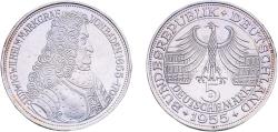 World Coins - Germany Federal Republic 1955 G 5 Deutsche Mark (Markgraf von Baden) Silver (.625) Staatliche Münze Baden-Württemberg Mint (198000) 11.2g UNC  KM 115 J 390 Schön 113