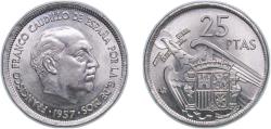 World Coins - Spain 1957 *69 25 Pesetas - Francisco Franco Copper-nickel (24000000) 8.57g UNC KM 787 Cal 30 Schön 35