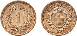World Coins - Switzerland Federal State 1937 B 1 Rappen (Wreath; bronze) Bronze (95% copper, 4% tin, 1% zinc) Bern Mint (2400000) 1.49g XF  HMZ 2 1215 Divo/Tob19 326 KM 3 Schön 15 Y 18 Kahnt/Sc