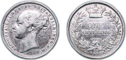 World Coins - Great Britain Kingdom 1873 1 Shilling - Victoria (1st portrait; 'Young Head') Silver (.925) Royal Mint (Tower Hill) (6489500) 5.66g XF KM 734 Sp 3902-7