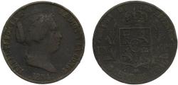 World Coins - Spain Kingdom 1854 25 Centimos de Real - Isabel II Copper Segovia Mint 9g VF KM615.2 Cal587