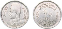 World Coins - Egypt 1938 (AH1357) 10 Milliemes - Farouk Copper-nickel (75% Copper, 25% Nickel) (3500000) 5.48g UNC  KM 364 Schön 69 MHC 254