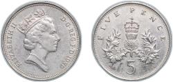 World Coins - Great Britain United Kingdom 1989 5 Pence - Elizabeth II (3rd portrait; large type) Copper-nickel (101406000) 5.68g UNC KM 937 Sp D3