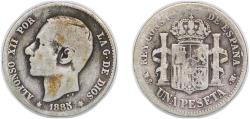 World Coins - Spain Kingdom 1885 MSM 1 Peseta - Alfonso XII (2nd portrait) Silver (.835) Madrid Mint (2425369) 4.72g VF  KM 686 Cal 56