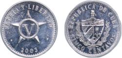 World Coins - Cuba Second Republic 2003 5 Centavos (Patria y Libertad) Aluminium (aluminium 97.15%, magnesium 2.5%, manganese 0.35%) Havana Mint (62520000) 1.5g AU KM 34 JMA 41-46 Y 28 Schön 32