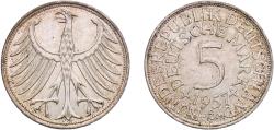 World Coins - Germany Federal Republic 1957 J 5 Deutsche Mark Silver (.625) (Copper .375) Hamburgische Münze (1630000) 11.2g AU  KM 112 J 387 Schön 110