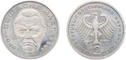 World Coins - Germany Federal Republic of Germany 1999 F 2 Deutsche Mark (Ludwig Erhard) Copper-nickel clad nickel Staatliche Münze Baden-Württemberg Mint (70000) 7g UNC KM 170 J 445 Schön 167