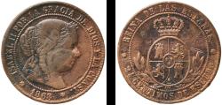 World Coins - Spain Kingdom 1868 OM 2½ Centimos de Escudo - Isabel II Bronze Seville Mint 6.11g F  KM 634 Cal 638