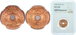 World Coins - Spain Second Republic 1938 25 Centimos - II Republic Brass (90% copper, 10% zinc) (45500000) 4.9g NGC MS 64 KM 757 Cal 7 Schön 19