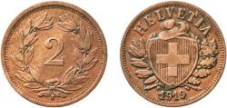 World Coins - Switzerland Federal State 1919 B 2 Rappen (Wreath; bronze; light type) Bronze (95% copper, 4% tin, 1% zinc) Bern Mint (2000000) 2.49g XF  HMZ 2 1213 Divo/Tob19 323 KM 4 Schön 16 Y
