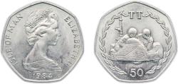 World Coins - Isle of Man British dependency 1984 PM 50 Pence - Elizabeth II (Tourist Trophy Motorcycle Races) Copper-nickel (30000) 13.43g UNC KM 126 Schön 140