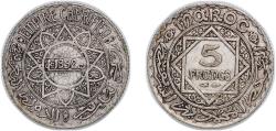 World Coins - Morocco AH1352 (1934) 5 Francs - Mohammed V Silver (.680) (5000000) 4.95g XF  Y 37