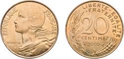 World Coins - France Fifth Republic 2000 20 Centimes Copper-aluminium-nickel (92% Copper, 6% Aluminium, 2% Nickel) Paris Mint (85385000) 3.94g UNC  Franc 2014 156 Gad 1789 332 Schön 230 KM 930