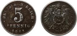 World Coins - Germany Weimar Republic 1921 A 5 Pfennig - Wilhelm II (type 2 - small shield) Zinc clad iron (Iron sheradised with zinc) Berlin Mint (143418372) 2.51g XF  KM 19 AKS 17 J 297 Schön