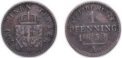 World Coins - Germany Kingdom of Prussia German states 1858 A 1 Pfenning - Frederick William IV Copper Berlin Mint 1.42g VF AKS 92 Old/Mue 2 337, 349 KM 451. 451a Kahnt/Schön 49 Neum 38
